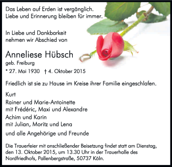 Anzeige von Anneliese Hübsch von Kölner Stadt-Anzeiger / Kölnische Rundschau / Express