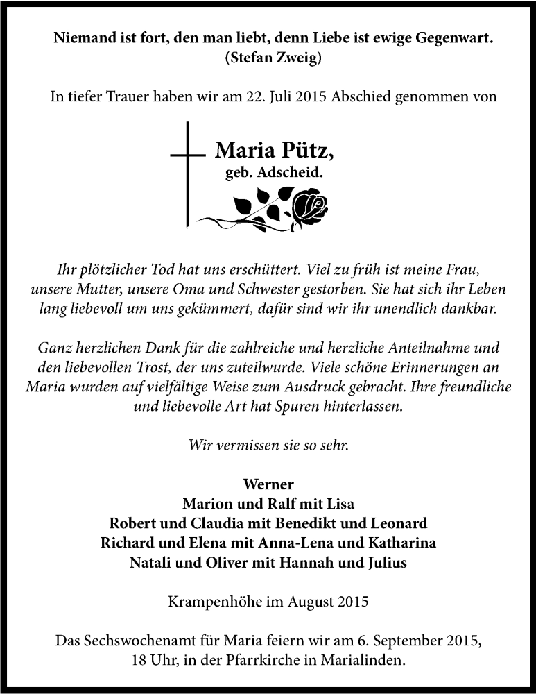  Traueranzeige für Maria Pütz vom 29.08.2015 aus Kölner Stadt-Anzeiger / Kölnische Rundschau / Express