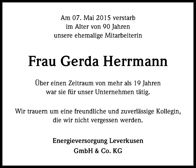  Traueranzeige für Gerda Herrmann vom 22.05.2015 aus Kölner Stadt-Anzeiger / Kölnische Rundschau / Express