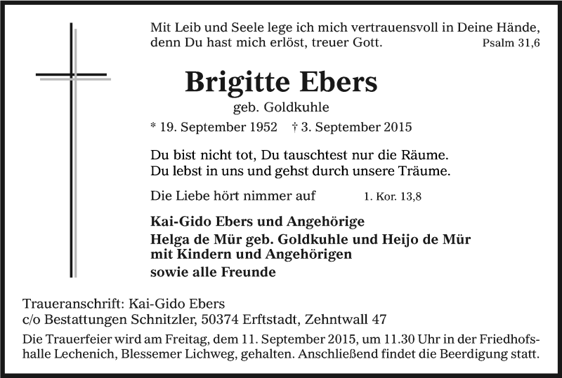  Traueranzeige für Brigitte Ebers vom 08.09.2015 aus Kölner Stadt-Anzeiger / Kölnische Rundschau / Express