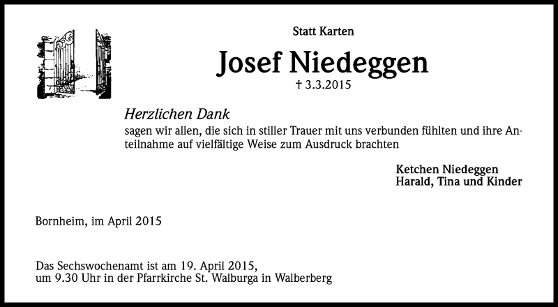  Traueranzeige für Josef Niedeggen vom 04.04.2015 aus Kölner Stadt-Anzeiger / Kölnische Rundschau / Express