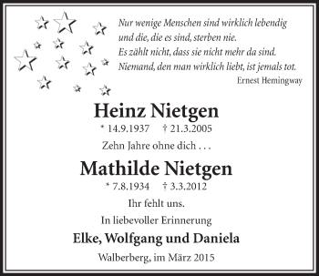 Anzeige von Heinz und Mathilde Nietgen von  Schlossbote/Werbekurier 