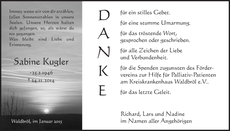  Traueranzeige für Sabine Kugler vom 21.01.2015 aus  Lokalanzeiger 