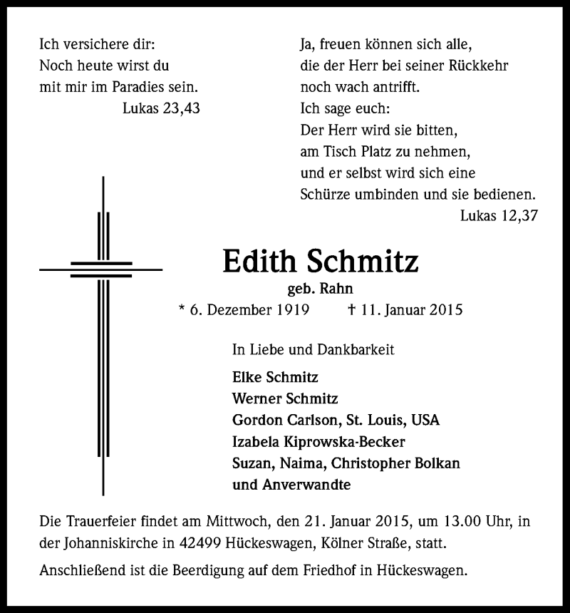  Traueranzeige für Edith Schmitz vom 17.01.2015 aus Kölner Stadt-Anzeiger / Kölnische Rundschau / Express