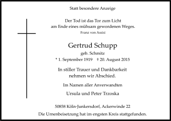 Anzeige von Gertrud Schupp von Kölner Stadt-Anzeiger / Kölnische Rundschau / Express