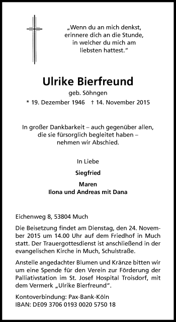 Anzeige von Ulrike Bierfreund von Kölner Stadt-Anzeiger / Kölnische Rundschau / Express