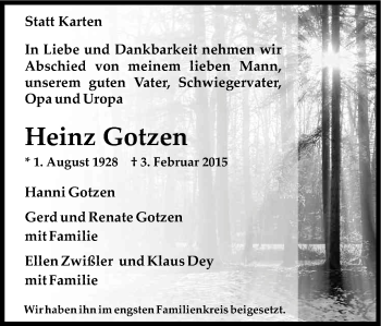 Anzeige von Heinz Gotzen von Kölner Stadt-Anzeiger / Kölnische Rundschau / Express