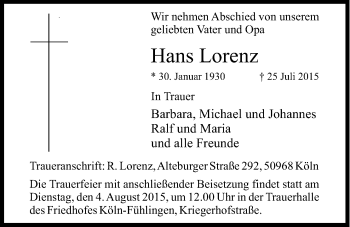 Anzeige von Hans Lorenz von Kölner Stadt-Anzeiger / Kölnische Rundschau / Express