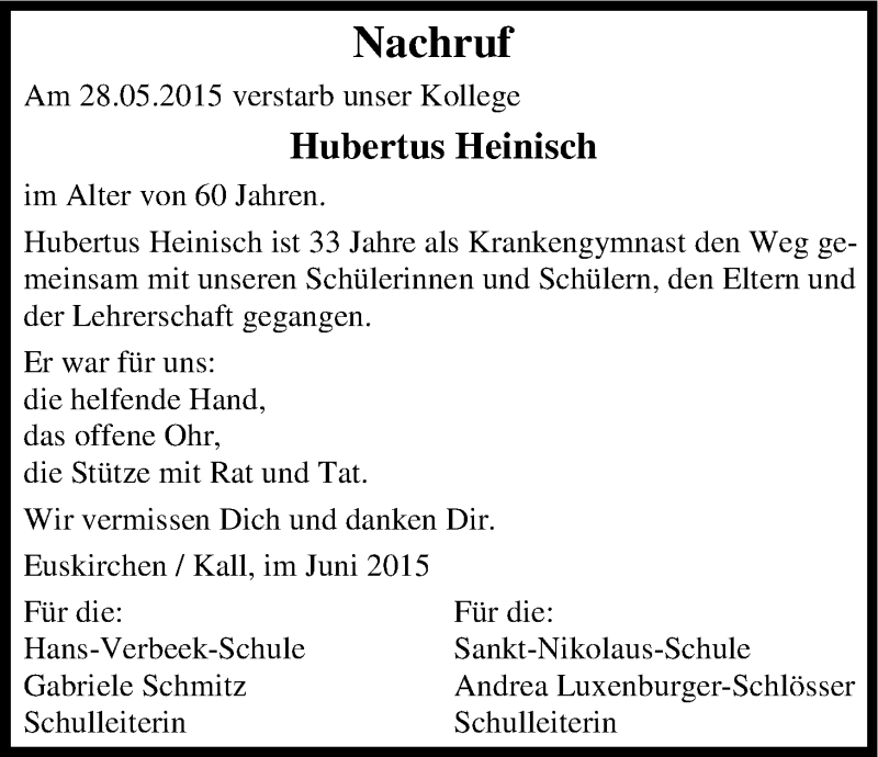  Traueranzeige für Hubertus Heinisch vom 13.06.2015 aus Kölner Stadt-Anzeiger / Kölnische Rundschau / Express
