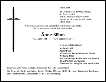 Anzeige von Änne Böhm von Kölner Stadt-Anzeiger / Kölnische Rundschau / Express