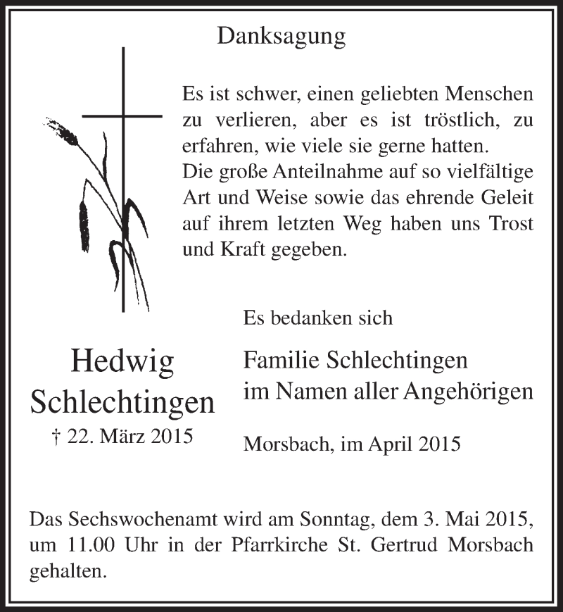  Traueranzeige für Hedwig Schlechtingen vom 22.04.2015 aus  Lokalanzeiger 