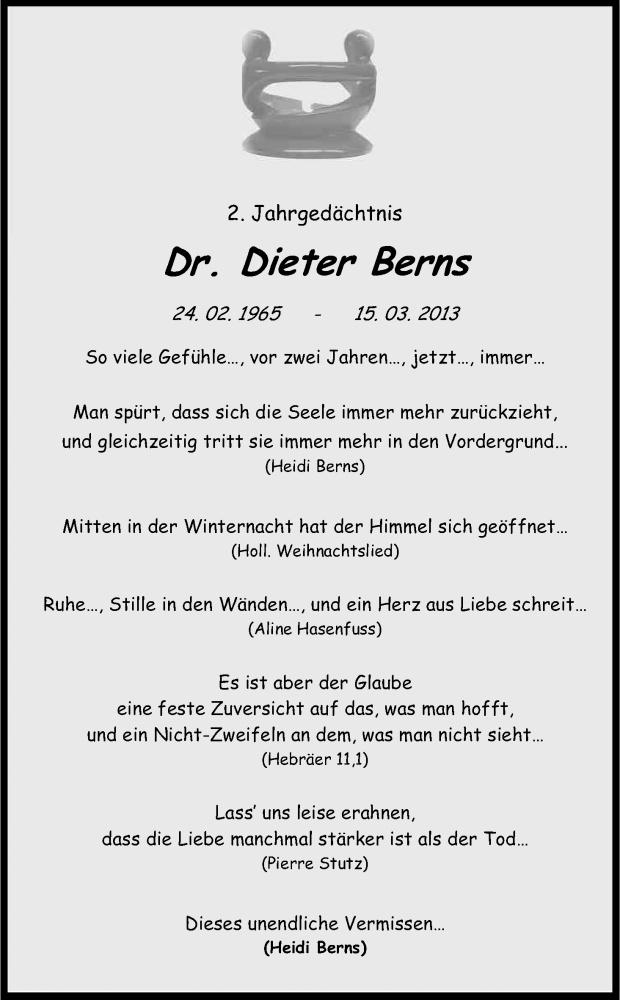  Traueranzeige für Dieter Berns vom 14.03.2015 aus Kölner Stadt-Anzeiger / Kölnische Rundschau / Express