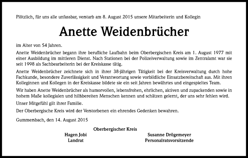  Traueranzeige für Anette Weidenbrücher vom 14.08.2015 aus Kölner Stadt-Anzeiger / Kölnische Rundschau / Express