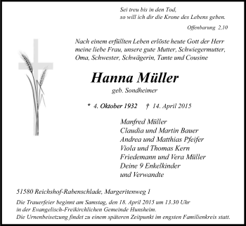 Anzeige von Hanna Müller von Kölner Stadt-Anzeiger / Kölnische Rundschau / Express