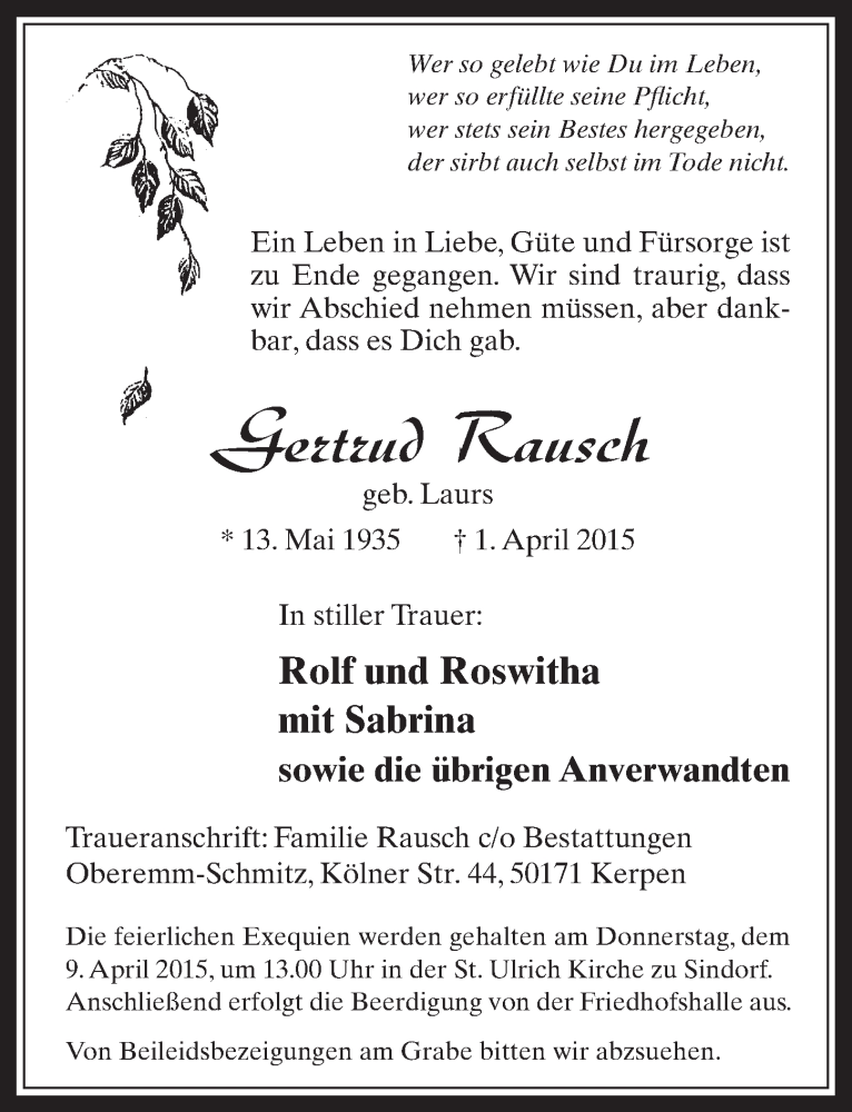  Traueranzeige für Gertrud Rausch vom 08.04.2015 aus  Werbepost 
