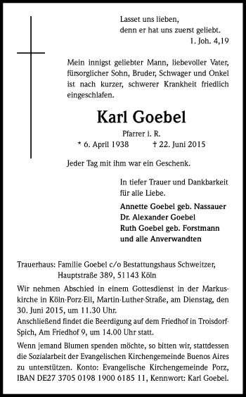 Anzeige von Karl Goebel von Kölner Stadt-Anzeiger / Kölnische Rundschau / Express