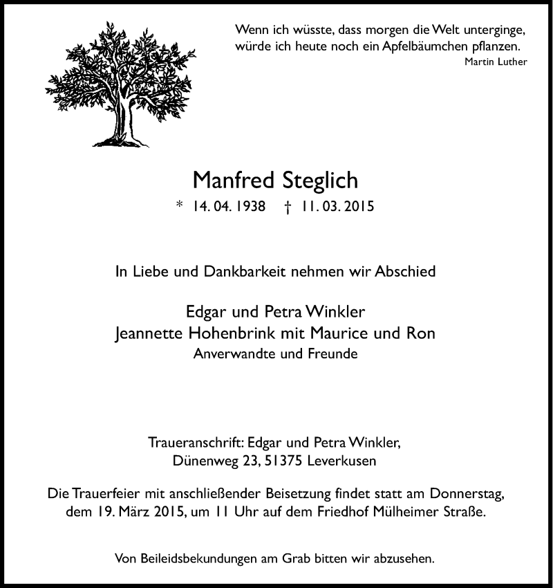  Traueranzeige für Manfred Steglich vom 14.03.2015 aus Kölner Stadt-Anzeiger / Kölnische Rundschau / Express