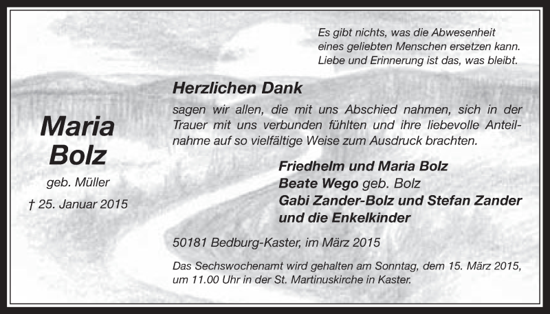  Traueranzeige für Maria Bolz vom 11.03.2015 aus  Werbepost 