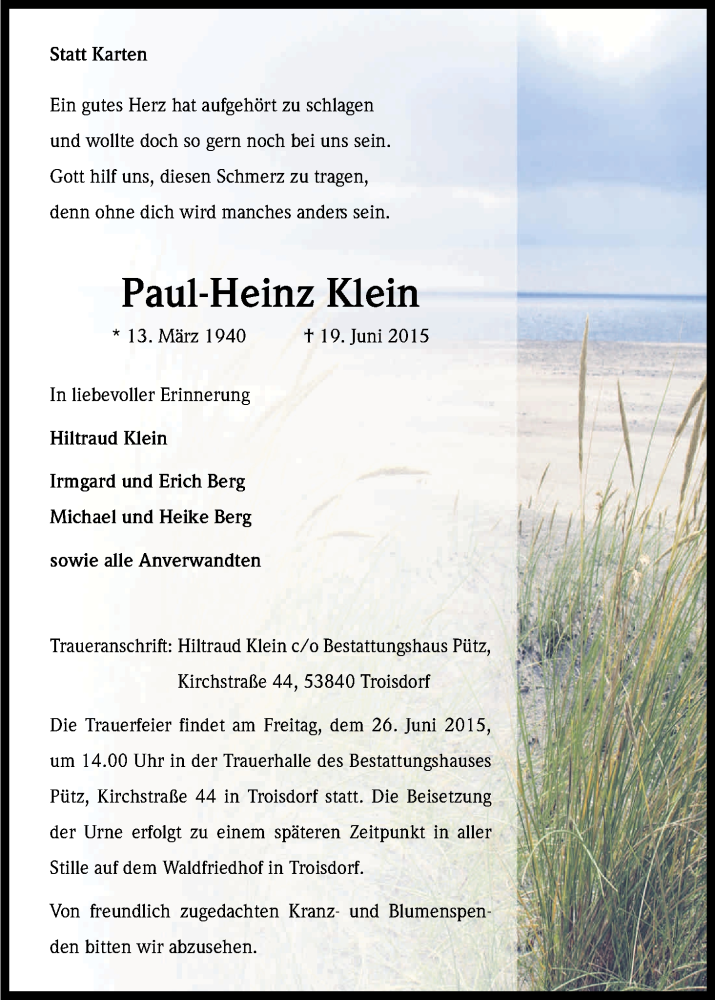  Traueranzeige für Paul-Heinz Klein vom 23.06.2015 aus Kölner Stadt-Anzeiger / Kölnische Rundschau / Express