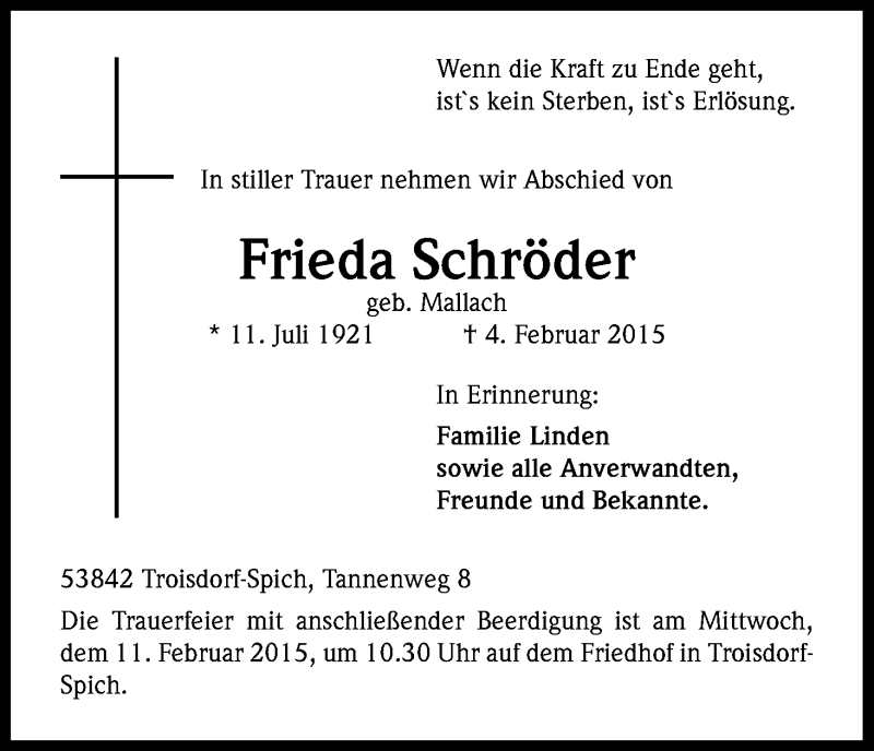  Traueranzeige für Frieda Schröder vom 09.02.2015 aus Kölner Stadt-Anzeiger / Kölnische Rundschau / Express