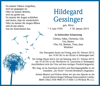 Anzeige von Hildegard Gessinger von Kölner Stadt-Anzeiger / Kölnische Rundschau / Express