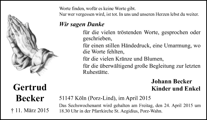 Traueranzeige für Gertrud Becker vom 08.04.2015 aus  Kölner Wochenspiegel 