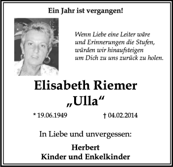 Anzeige von Elisabeth Riemer von Kölner Stadt-Anzeiger / Kölnische Rundschau / Express
