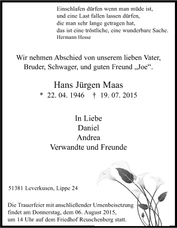 Anzeige von Hans Jürgen Maas von Kölner Stadt-Anzeiger / Kölnische Rundschau / Express