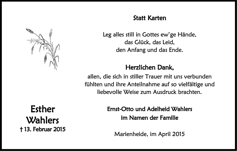  Traueranzeige für Esther Wahlers vom 18.04.2015 aus Kölner Stadt-Anzeiger / Kölnische Rundschau / Express