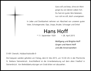 Anzeige von Hans Hoff von Kölner Stadt-Anzeiger / Kölnische Rundschau / Express