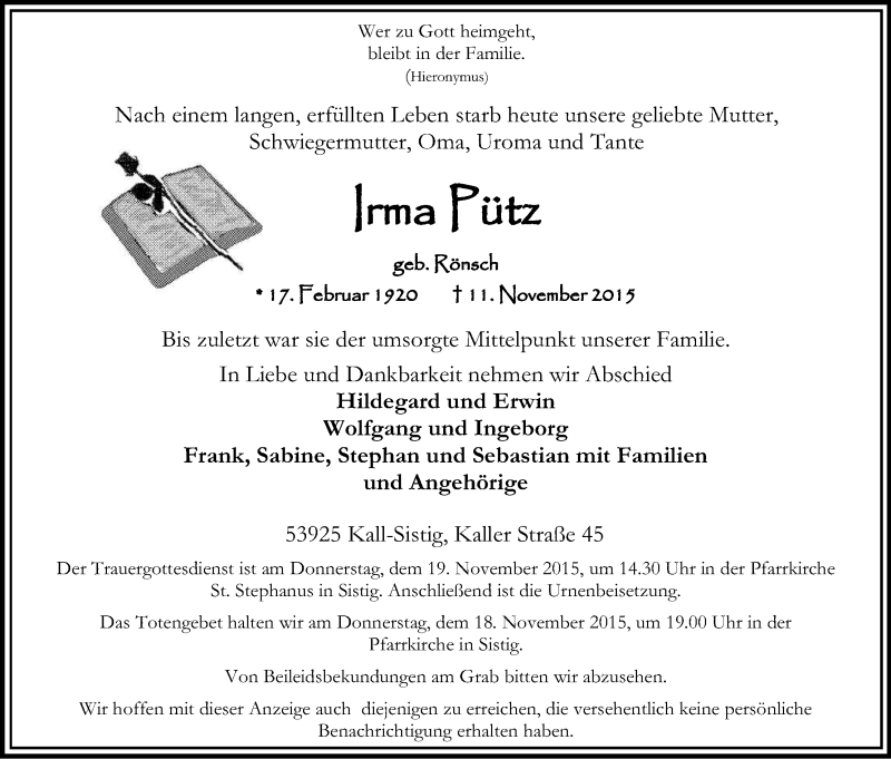  Traueranzeige für Irma Pütz vom 14.11.2015 aus Köln - Wir Trauern