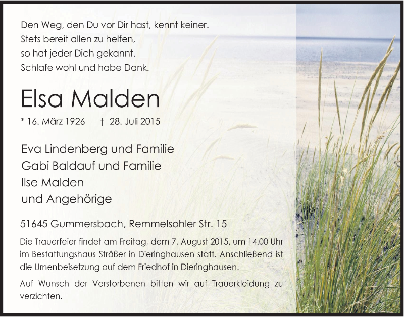  Traueranzeige für Elsa Malden vom 05.08.2015 aus  Anzeigen Echo 