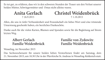 Anzeige von Anita Gerlach Christel Weidenbrück von  Schlossbote/Werbekurier 