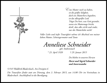 Anzeige von Anneliese Schneider von Kölner Stadt-Anzeiger / Kölnische Rundschau / Express