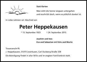 Anzeige von Peter Heppekausen von Kölner Stadt-Anzeiger / Kölnische Rundschau / Express