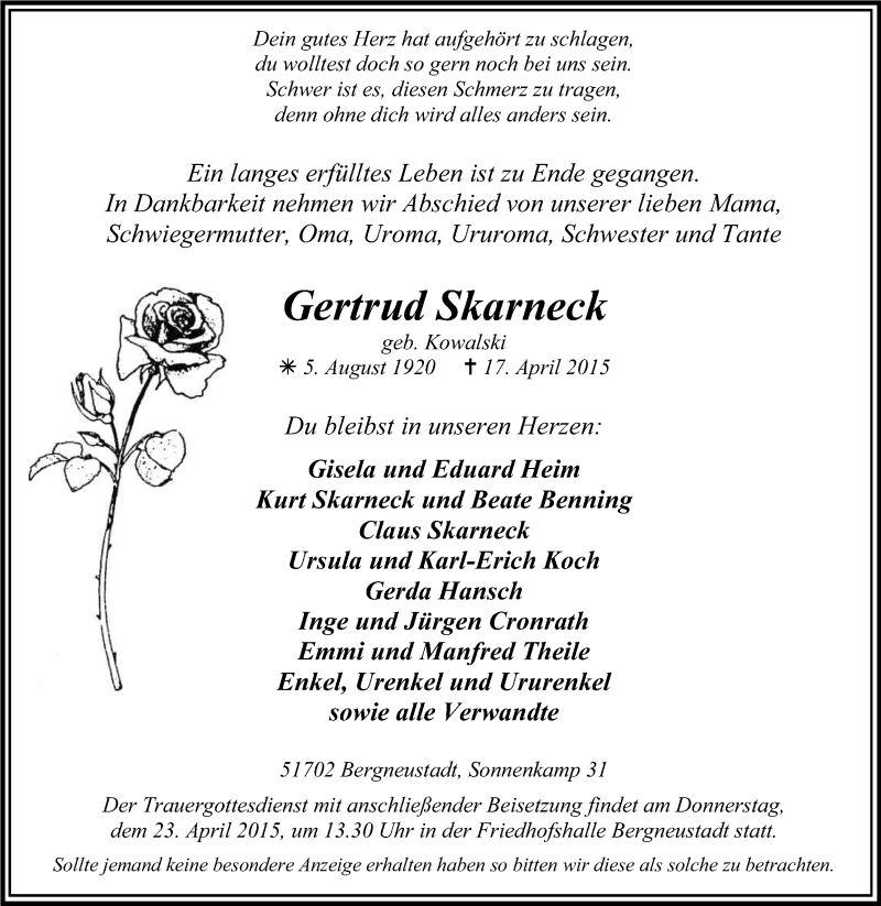  Traueranzeige für Gertrud Skarneck vom 21.04.2015 aus Kölner Stadt-Anzeiger / Kölnische Rundschau / Express