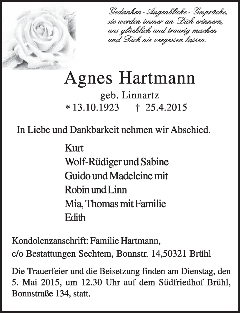  Traueranzeige für Agnes Hartmann vom 29.04.2015 aus  Schlossbote/Werbekurier  Werbepost 