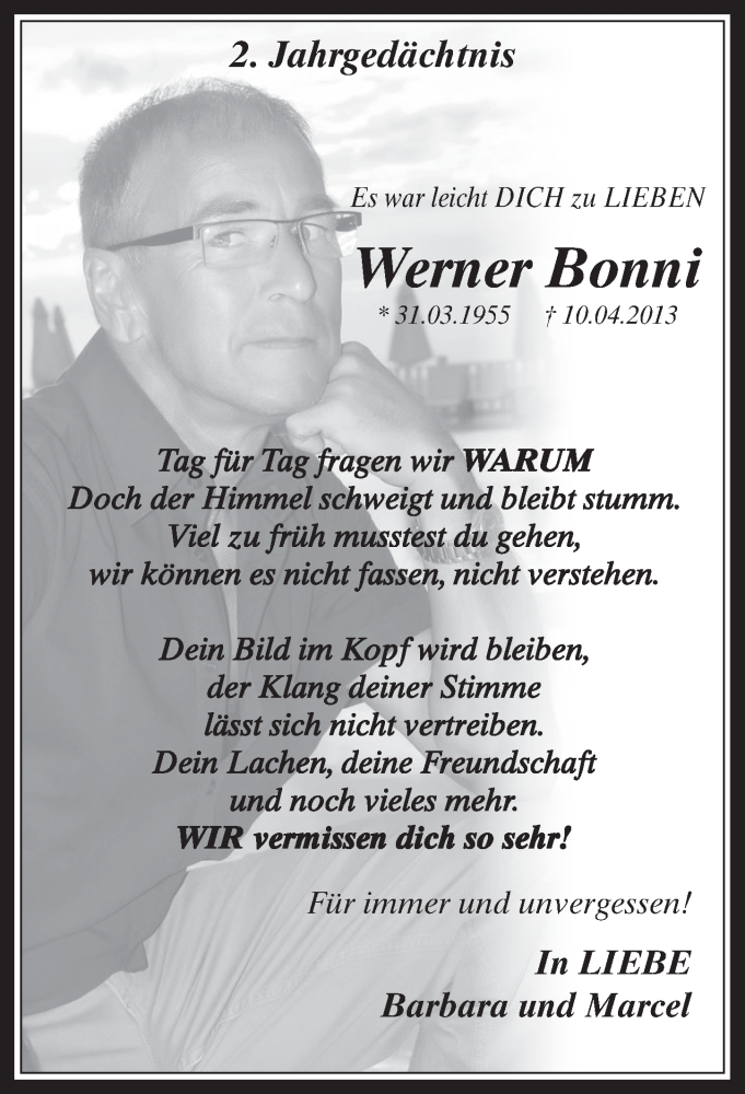  Traueranzeige für Werner Bonni vom 08.04.2015 aus  Werbepost 