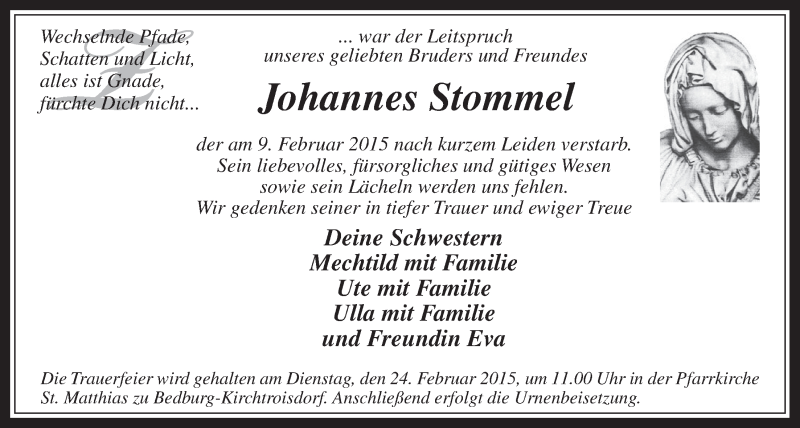  Traueranzeige für Johannes Stommel vom 21.02.2015 aus  Sonntags-Post 