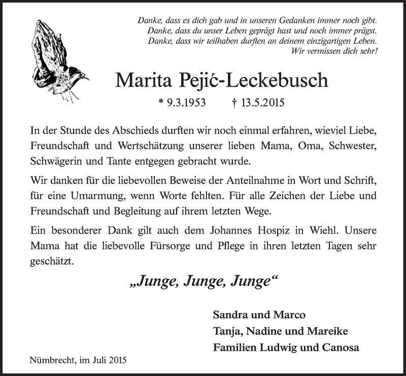  Traueranzeige für Marita Pejic-Leckebusch vom 01.07.2015 aus  Anzeigen Echo  Lokalanzeiger 
