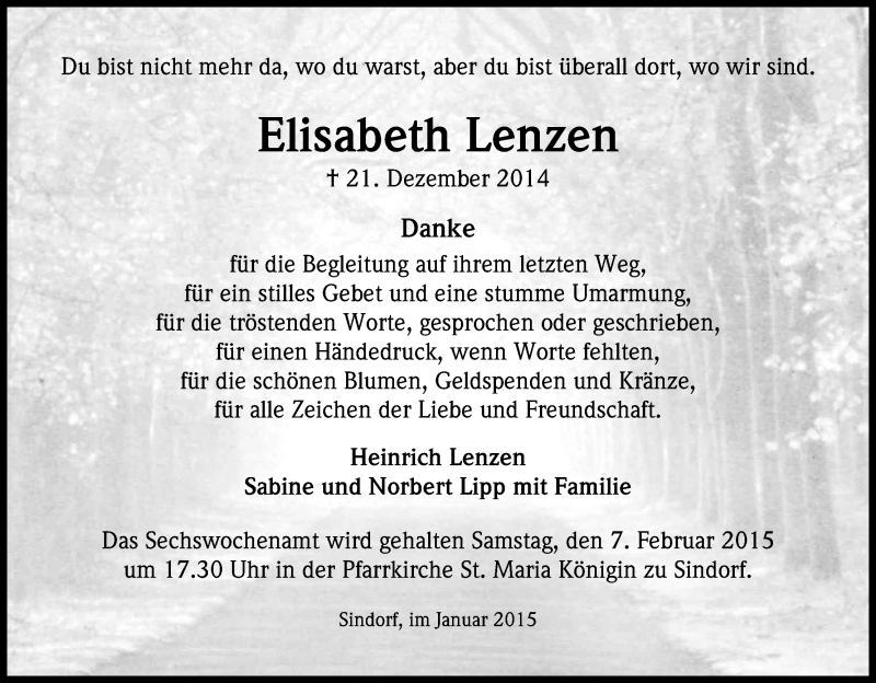  Traueranzeige für Elisabeth Lenzen vom 30.01.2015 aus Kölner Stadt-Anzeiger / Kölnische Rundschau / Express