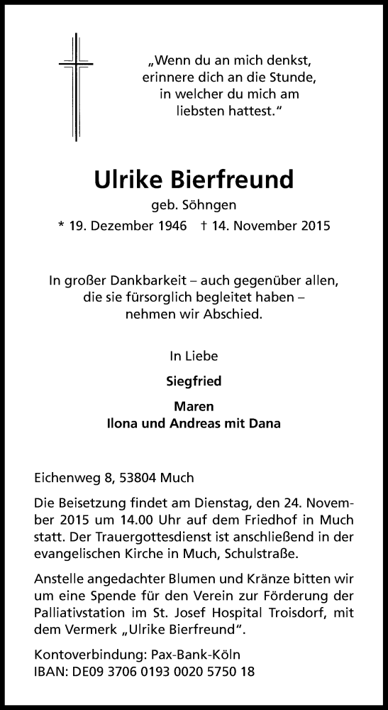  Traueranzeige für Ulrike Bierfreund vom 21.11.2015 aus Kölner Stadt-Anzeiger / Kölnische Rundschau / Express