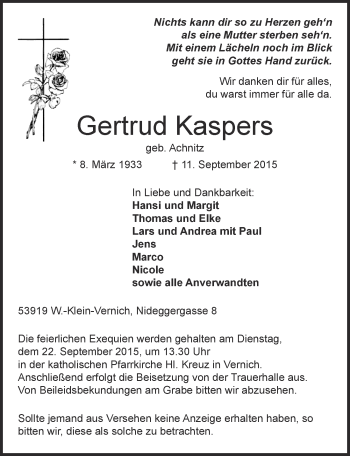Anzeige von Gertrud Kaspers von  Blickpunkt Euskirchen 