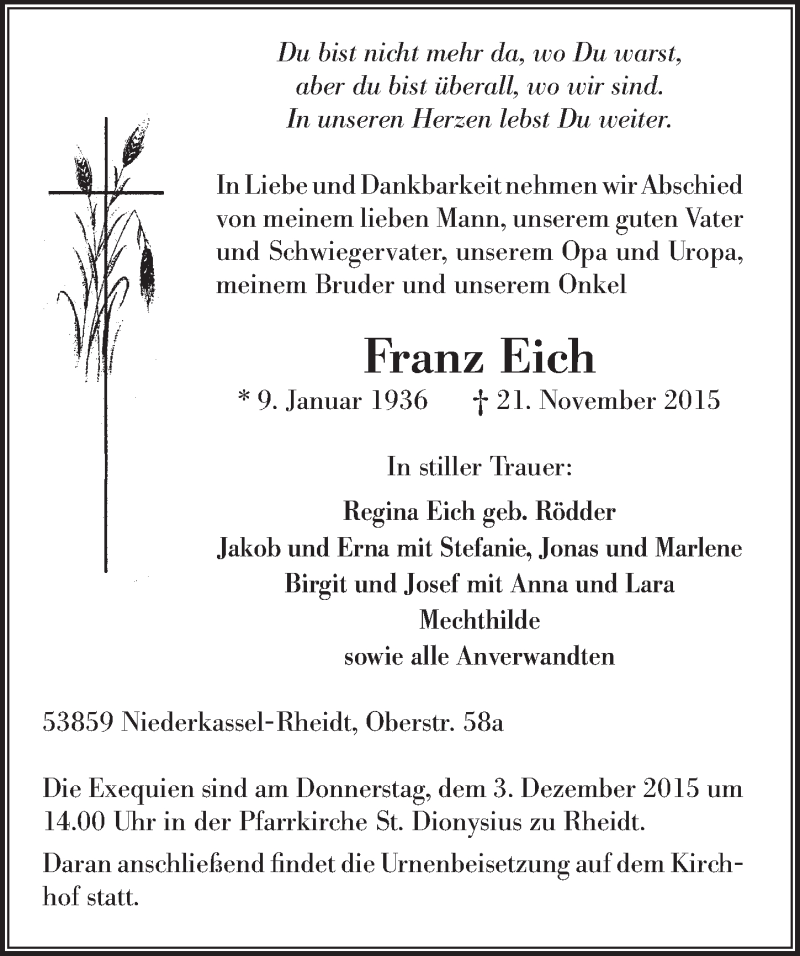  Traueranzeige für Franz Eich vom 25.11.2015 aus  Extra Blatt 