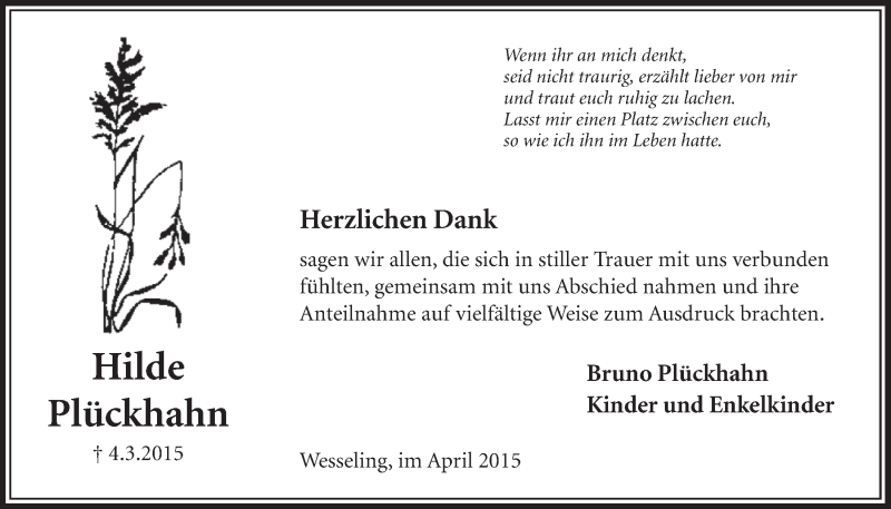  Traueranzeige für Hilde Plückhahn vom 01.04.2015 aus  Schlossbote/Werbekurier 