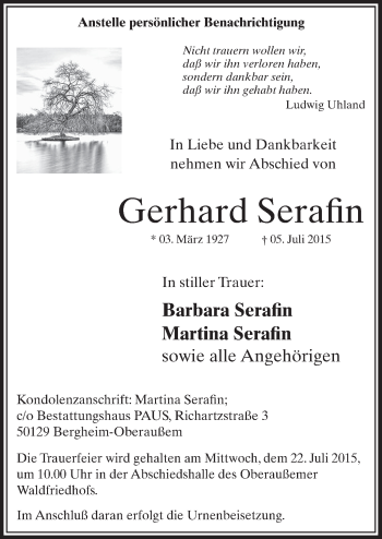 Anzeige von Gerhard Serafin von  Sonntags-Post 