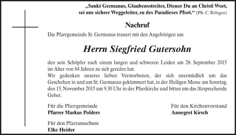  Traueranzeige für Siegfried Gutersohn vom 11.11.2015 aus  Schlossbote/Werbekurier 