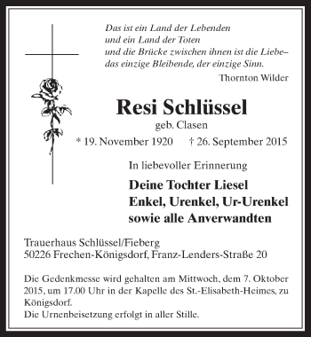 Anzeige von Resi Schlüssel von  Wochenende 