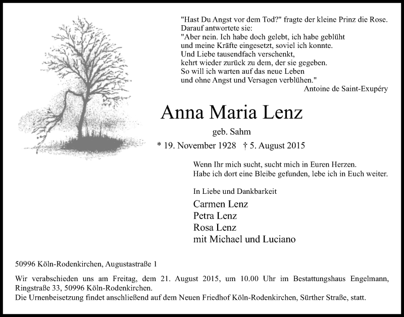  Traueranzeige für Anna Maria Lenz vom 12.08.2015 aus  Kölner Wochenspiegel 