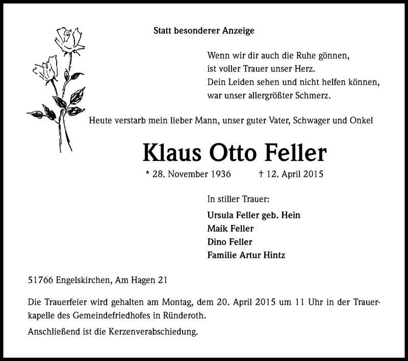  Traueranzeige für Klaus Otto Feller vom 15.04.2015 aus Kölner Stadt-Anzeiger / Kölnische Rundschau / Express